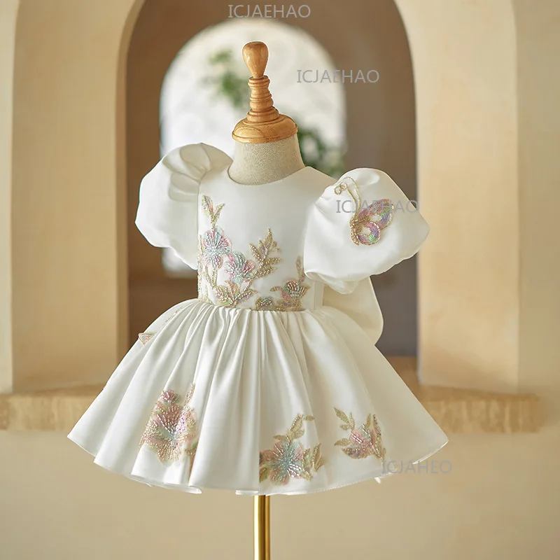 Baby Girl Birthday Party Infant Princess Dress Clothes Kids Flower Girl Wedding Host White Tutu Short Sleeve Costume Children