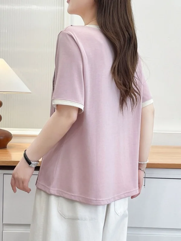 Loose Fit Summer T-Shirt Short Sleeve Color Block round Neck Letter Print Casual Top for Women Comfortable Polyester Fiber