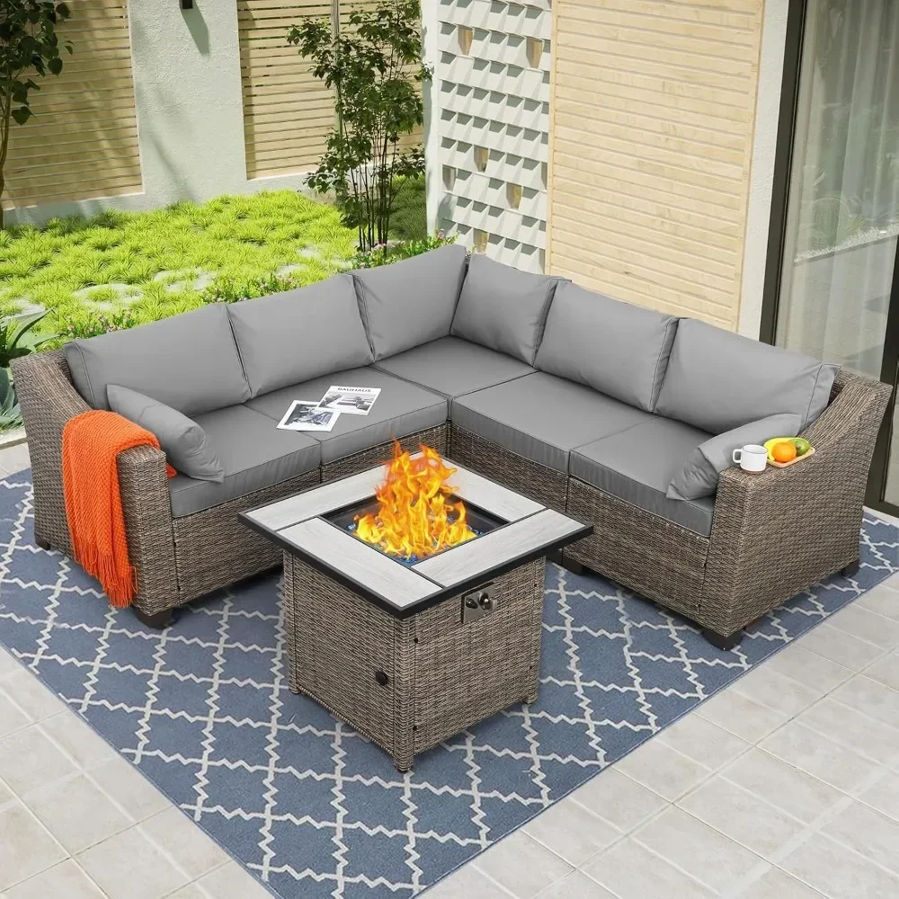 Fire Pit Table, All-Weather Cushions Curved Backrest Outdoor Sectional Large-Size Patio Furniture Set Outdoor Heating