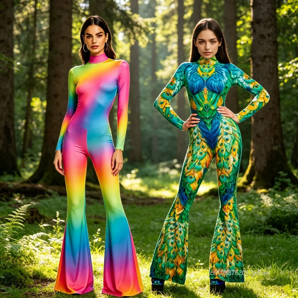 

New Rainbow Gradient Jumpsuit For Women Music Festival Cosplay Geometric Print Bodysuit Halloween Party Stage Performance Outfit