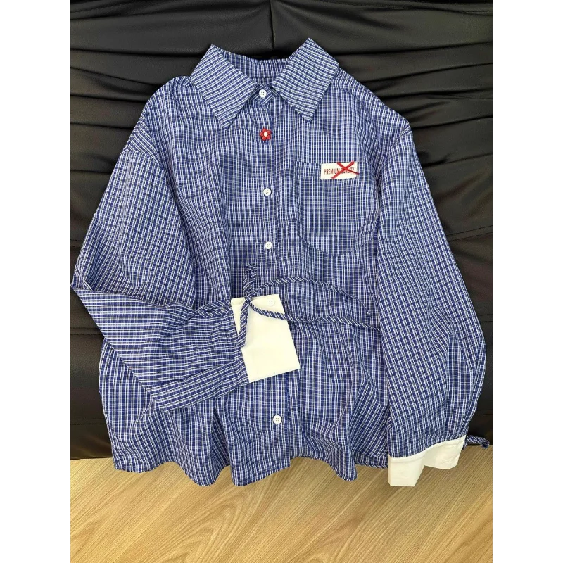 

Корейская женская рубашка в синюю клетку с длинным рукавом, весна 2026, повседневный свободный топ в стиле кэжуал