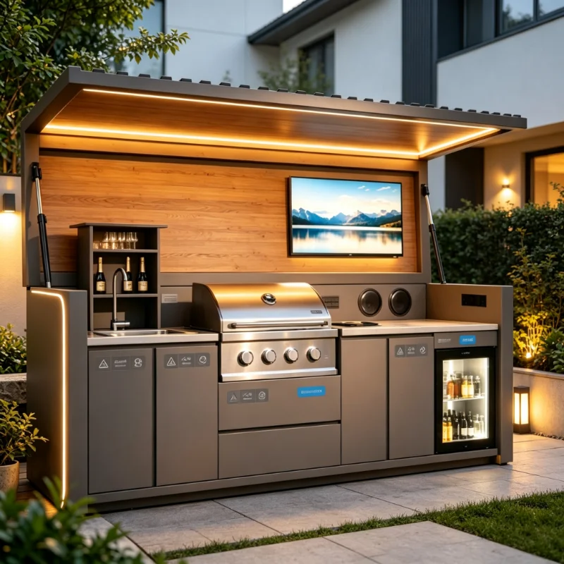 Lightweight Portable Aluminum Outdoor Kitchen Eco Friendly BBQ Shed System with Built In BBQ Pod and Tailgate Grill