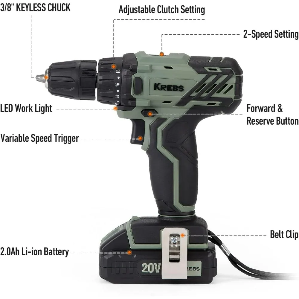 

20V Cordless Drill Set,Power Drill Kit with 1 Batteries & Fast Charger,3/8-Inch Keyless Chuck 2 Variable Speed 18+1 Torque