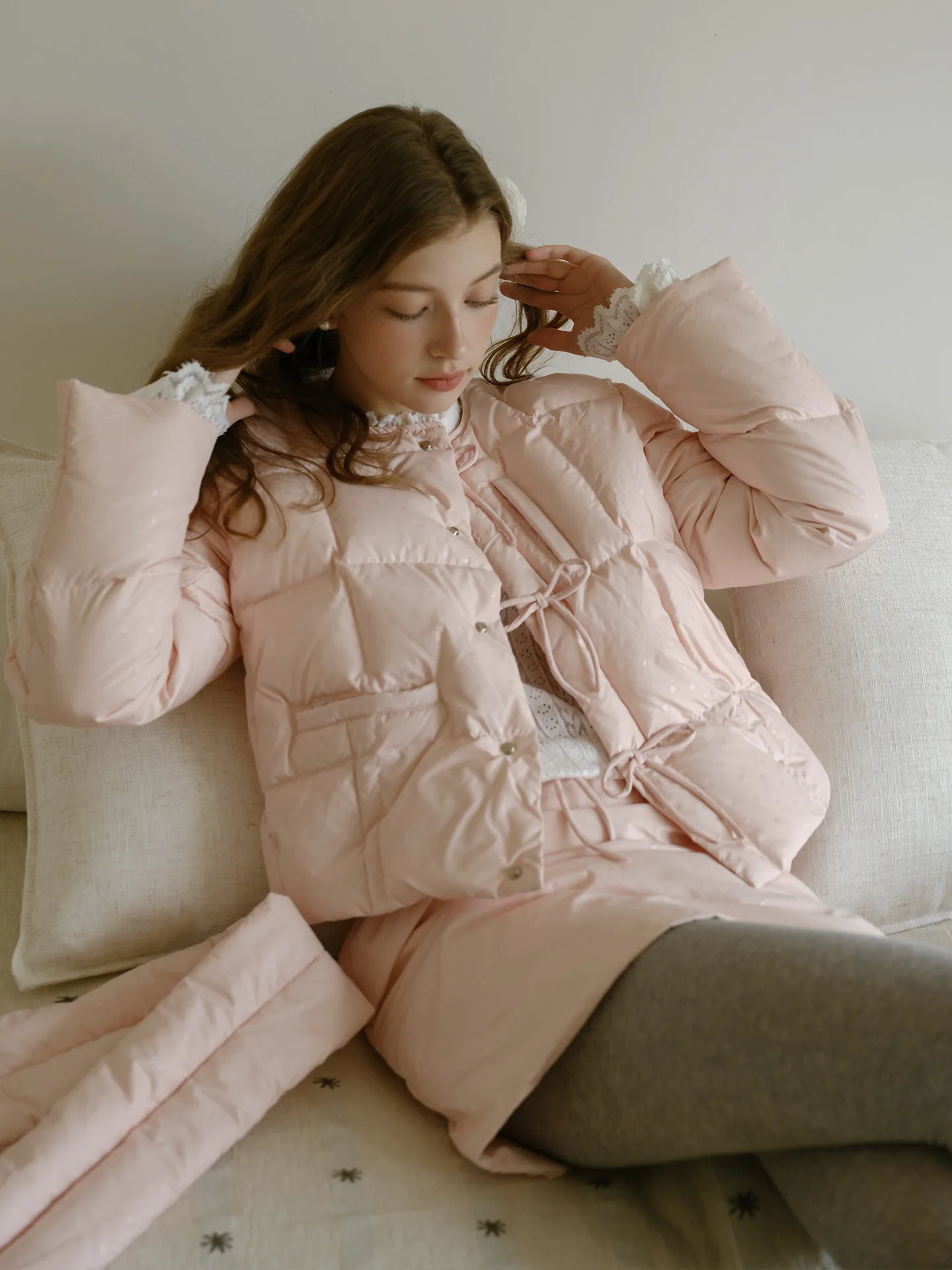 Pink down Jacket Set 95 White Duck down Short A-Line  Skirt Women Winter with Scarf  Knot Commute Style Regular Fit