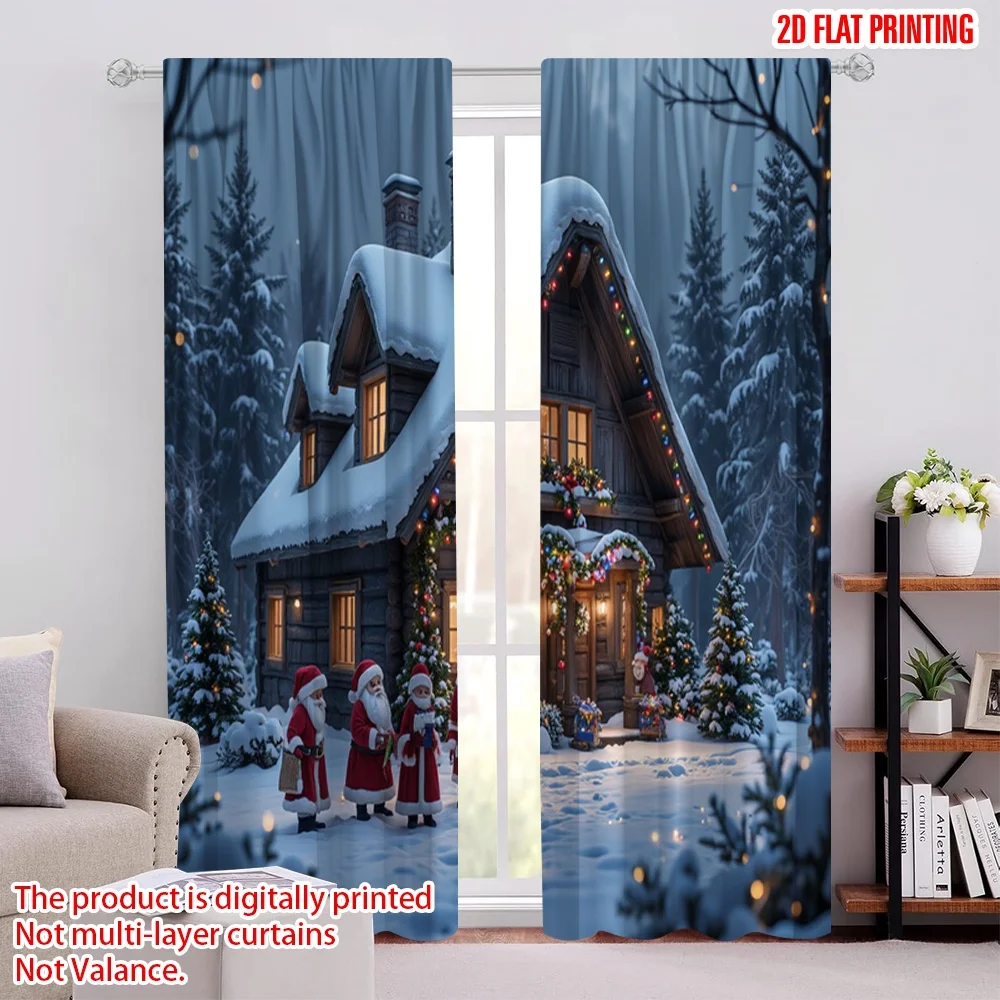 

2pcs 2D flat printing Merry Christmas Scene Curtains birthday village Machine Washable Polyester Without Electricity Family