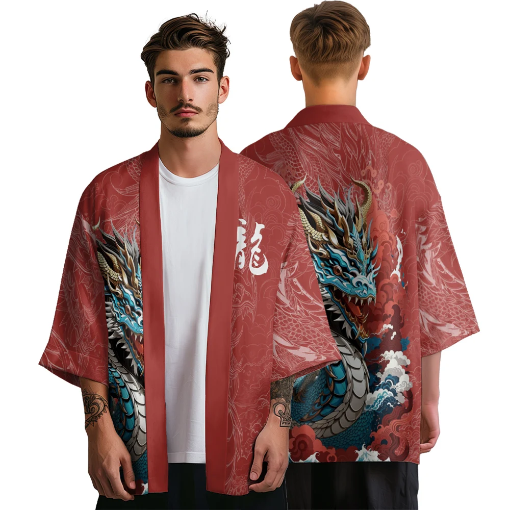 Summer Kimono Men Hawaiian Shirt Beach Cardigan Lucky Dragon Kimono Fashion Women Yukata Japanese Clothes Bathrobes Haori