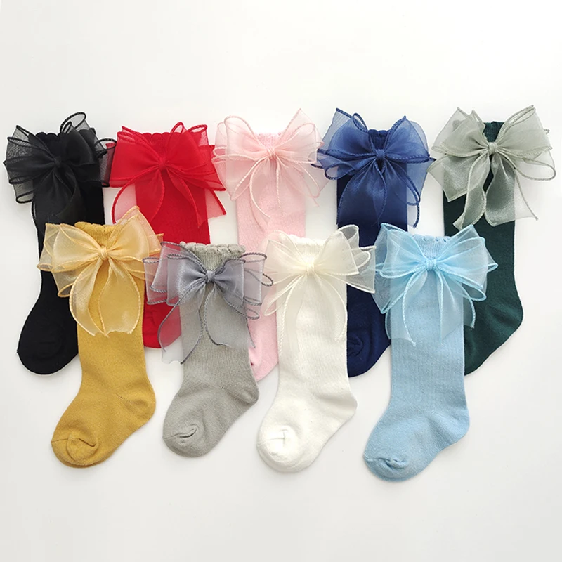 Cute Kids Knee High Dressing Socks Baby Girls Long Sock Big Bowknot Soft Cotton Solid Color Children Princess Socken For Party