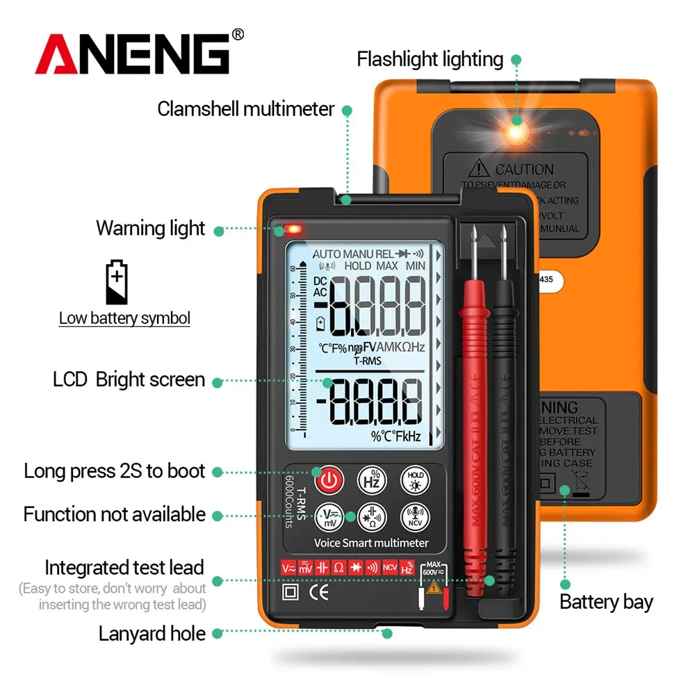 Imagem -04 - Modelo Aneng Q60s Profissional Digital Inteligente Multímetro de Controle de Voz Auto-range 6000 Contagens True Rms Eletricista Multifunction Tester Instrumentos Elétricos ac dc Voltimetro Multímetros Multimeter Novo