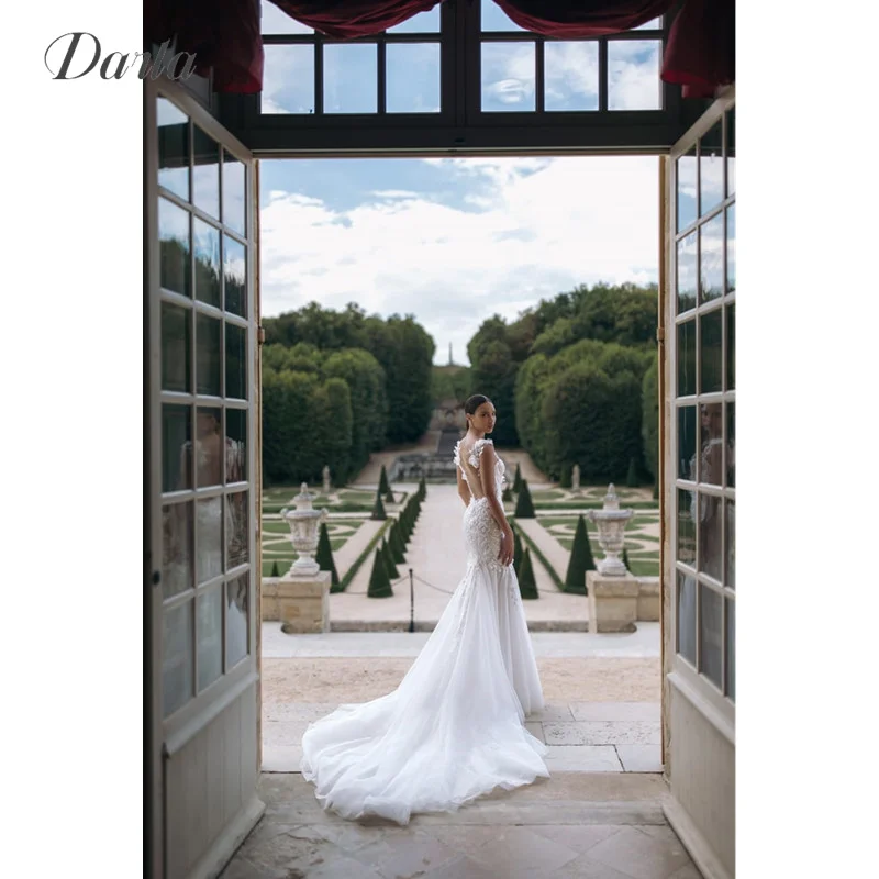 Darla-Robe de Mariée Sirène en Tulle de Luxe, avec Appliques en Dentelle, Bretelles Spaghetti, Sexy, Dos aux, Traîne de Balayage, Personnalisée, 2025