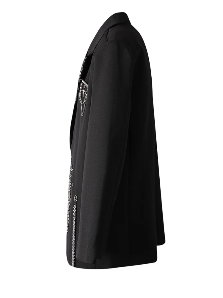 Women Black Sequins Metal Chain Big Size Blazer New Lapel Long Sleeve Jacket Fashion Tide Spring Autumn 2025Newest vestes femmes