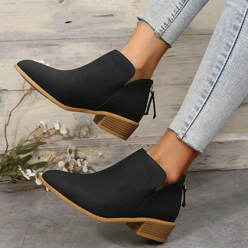 Women\'s Boots Autumn Pointed Suede Thick Heel Booties Women Plus Size 43 Zipper Heeled Ankle Boots Botas De Mujer 2023