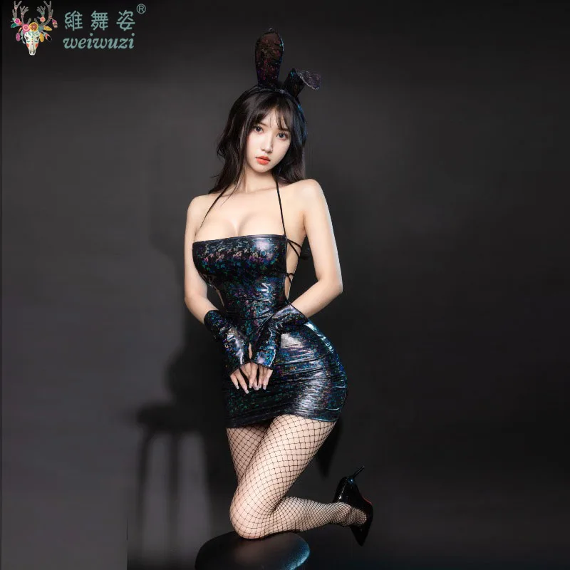 

Sexy Sleeveless PU Leather Camisole Backless Dress Tight Package Hip Erotic Skirt Shiny Adult Women NightClub Club Party Cloth