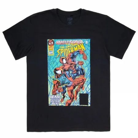 Marvel Spider Man camiseta negra hombres 2025 verano máximo clonaje diseño cómico guerra de arañas traje rojo azul estampado de batalla algodón