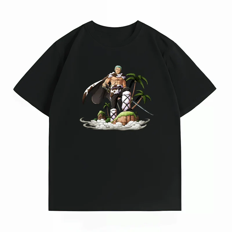 Bandai One Piece Cotton Men's T-Shirt Roronoa Zoro Print Casual Oversized Crew Neck Short Sleeve Summer Anime Graphic Tee