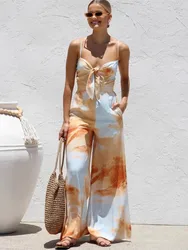 Summer New Print Spaghetti Strap jumpsuits Women Sexy Low Cut Bowknot Bowknot High Waist Wide Leg Jumpsuit Vacation Style Female