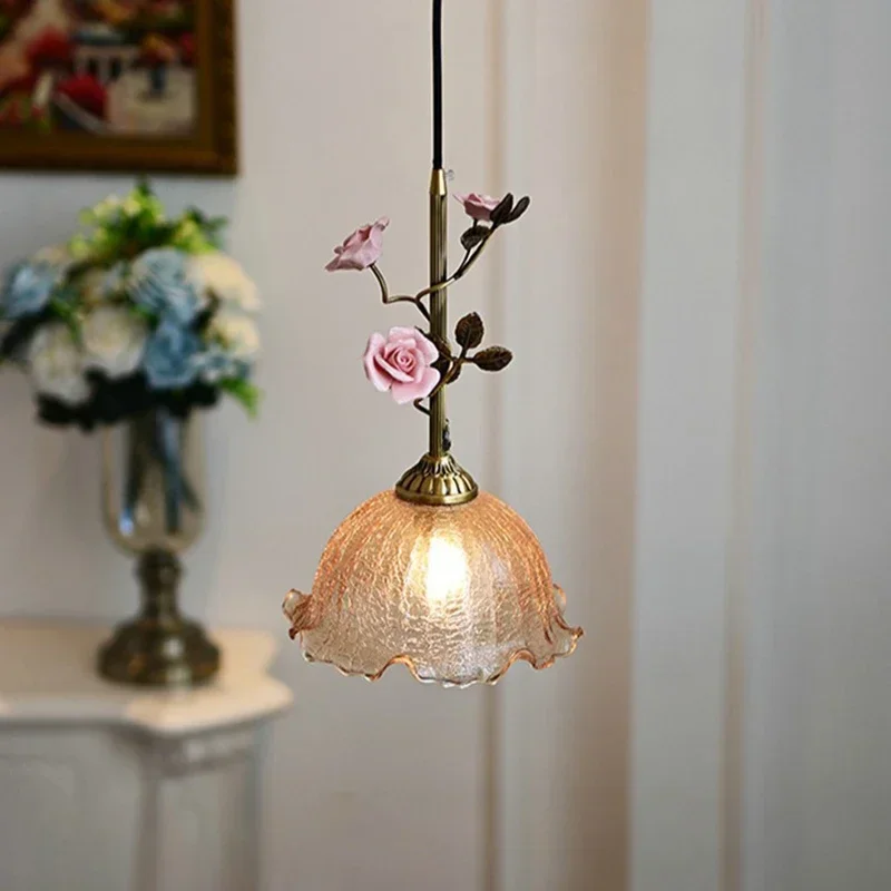2026 خمر الفرنسية روز قلادة أضواء كامل ثريا نحاسية ديكور منزلي أنيق لغرفة المعيشة غرفة نوم السرير Lighti