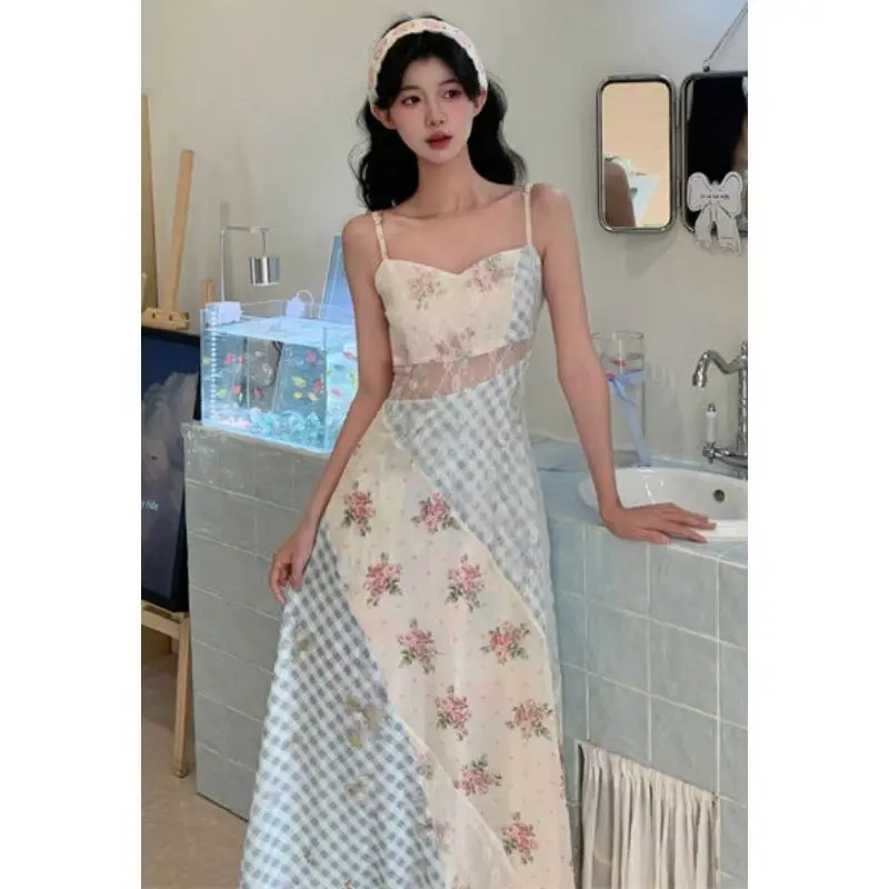 

French Style Holiday Floral Print Camisole Dress New Summer Waist-cinching A-line Fairy Long Dress