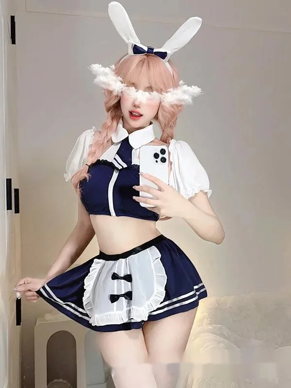 Turn-down Collar Halter Pleats Short Skirt Set Blue White Splicing Sweet Rabbit Girl Gymnastics Costume Summer Of Women Set F7WL