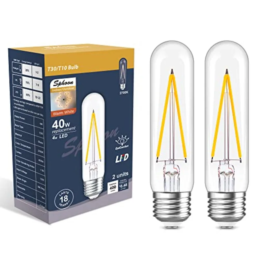 

4W Vintage LED Bulb Dimmable 2700K Warm White, E26 T10 Edison Bulb, 40W Equivalent 400LM, for Chandelier Pendant Lamp Fixture,
