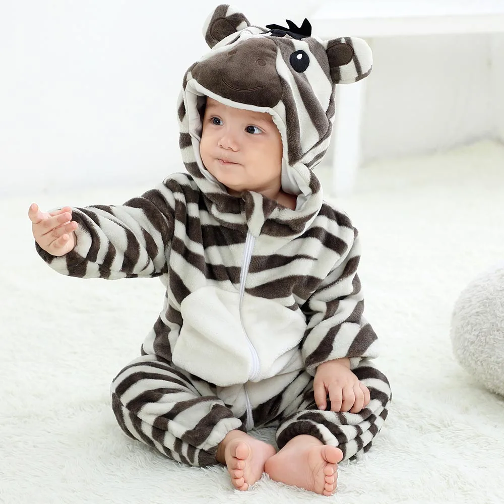 0-4T Baby Girls Pink Rompers Winter Warm Flannel Hooded Kigurumi Elephant Pajamas Baby Rompers Brown Kids Overalls Boys Onesies