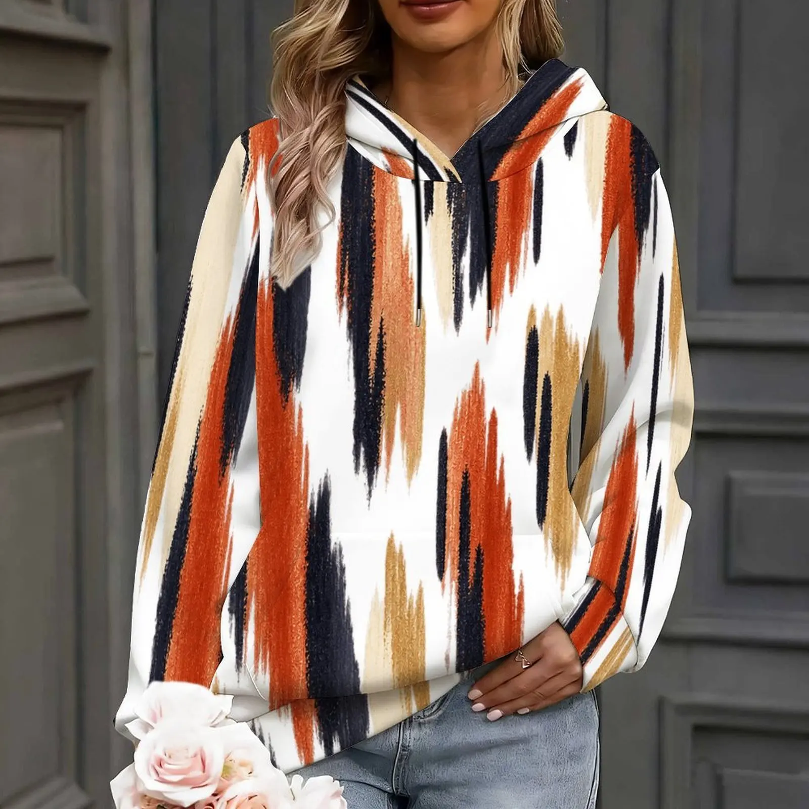 Women Abstract Brush Stripe Printed Long Sleeve Pullover Hoodie with Drawstring Hood and Kangaroo Pocket