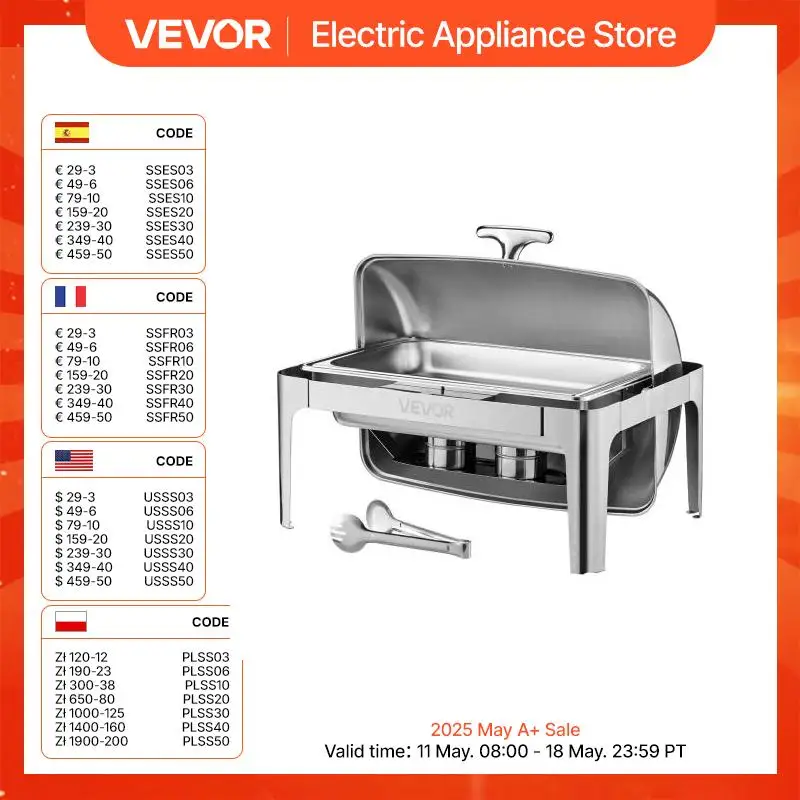 VEVOR Chafing Dish Set Speisenwärmer Edelstahl mit Pfannen in voller Größe (8,5 L), rechteckiger Wärmespender mit Roll Top Deckel & Wasserpfannenständer & Brennstoffhalter, für Buffet Silber