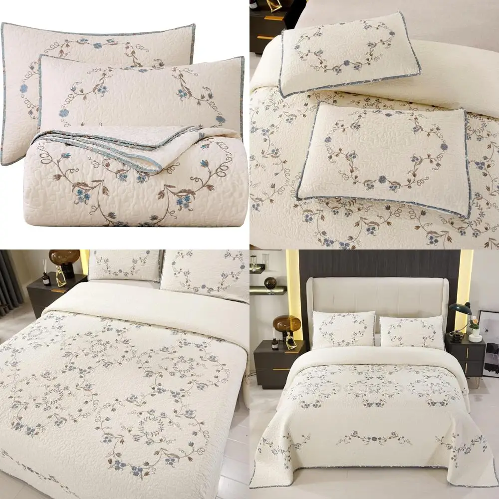 

Elegant Floral Embroidered 3-Piece Bedspread Coverlet Set in 100% Cotton, Reversible Patchwork with 1 Quilt and 2 Pillow Shams