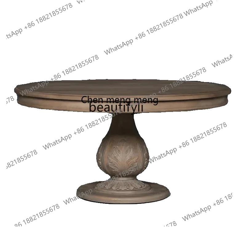 xx1American retro solid wood round dining table dining table French antique old carved dining table and chair combination