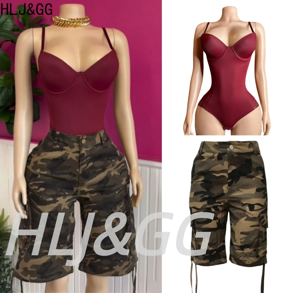 

HLJ&GG Casual Camouflage Pocket Cargo Shorts Two Piece Sets Women Spaghetti Strap V Neck Bodysuits And Shorts Outfits Streetwear