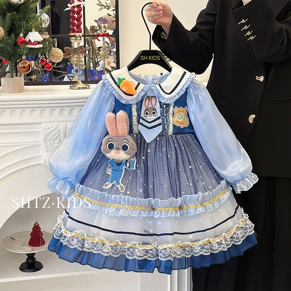 

Детское синее платье принцессы Джуди Оффисер Кролик из сетки с рюшами, А-силуэт, для девочек, весеннее, с длинным рукавом, для вечеринок