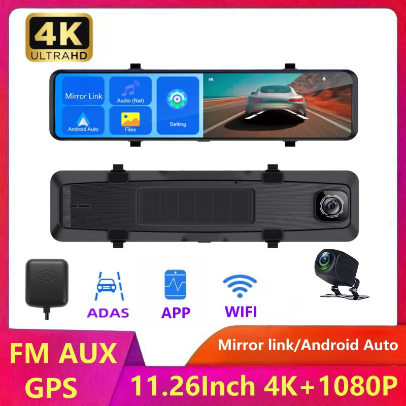 

4K 11.26" Car DVR ADAS WiFi Video Recorder Carplay&Android Auto Center Console Mirror 2160P FHD Rear Lens Video Dash Cam AUX