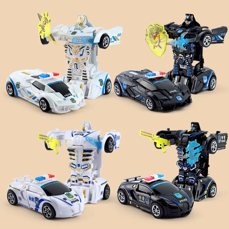 Robot de déformation de Collision à un bouton, jouet de Simulation de véhicule de Police 2 en 1, Robot de déformation de paume, figurine d'action de voiture à inertie