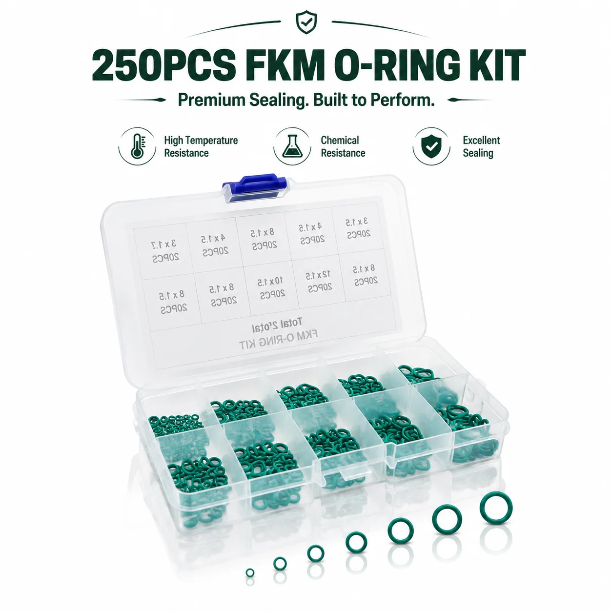 250 Pieces of Green FKM Fluororubber O-ring Repair Box, Oil Resistant and Corrosion-resistant Equipment Maintenance Sealing Ring