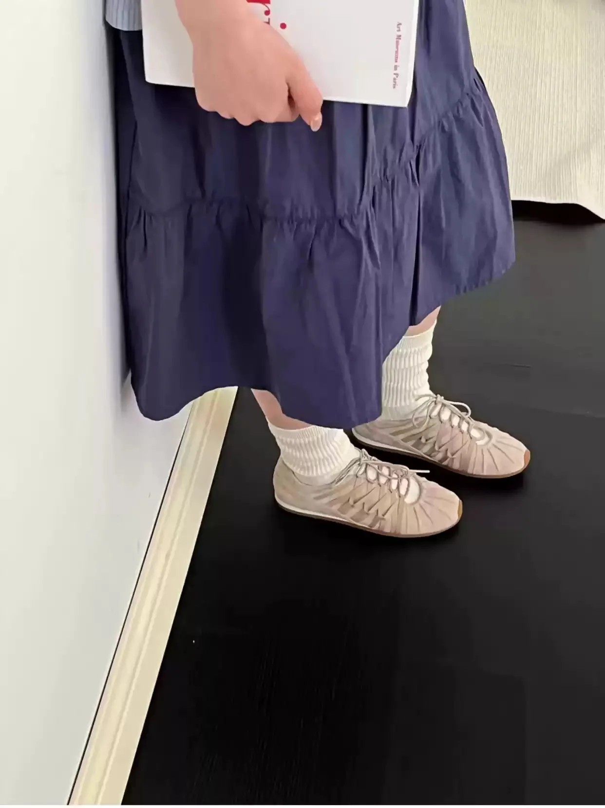 Soft Leather Gathered Ruched Front Lace Up Hollow Round Toe Ballet Flats Minimal Lazy Ladies Light Comfy Daily Casual Footwear