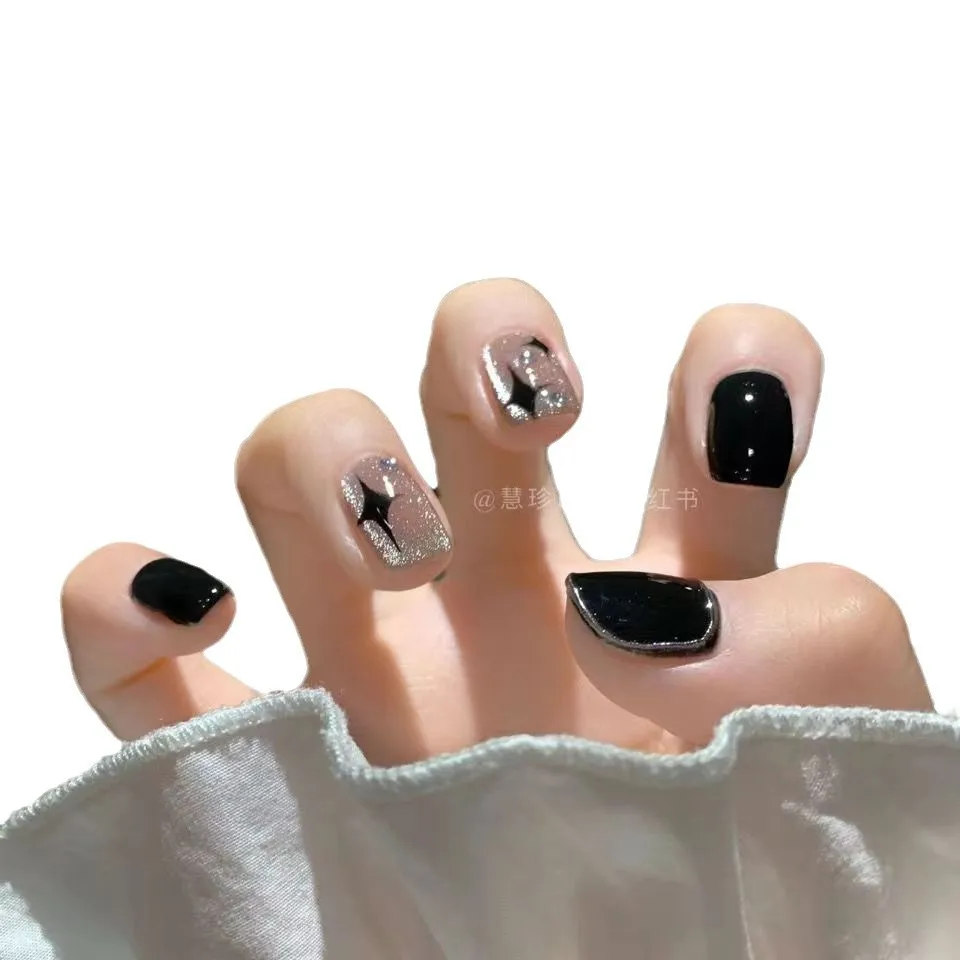 10 pièces or étincelle rose noir étoiles presse sur ongles court carré cercle manucure portable ongles pour femmes et filles faux ongles