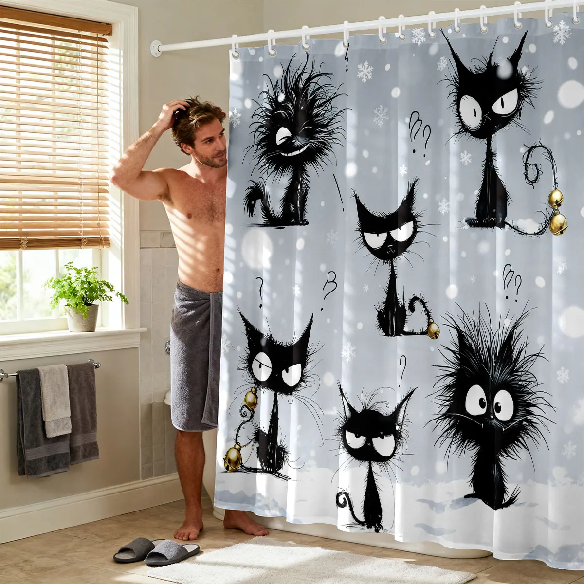 1pc bonito dos desenhos animados gato impressão cortina de chuveiro à prova dwaterproof água pendurado 12 ganchos multi tamanho decoração máquina lavável