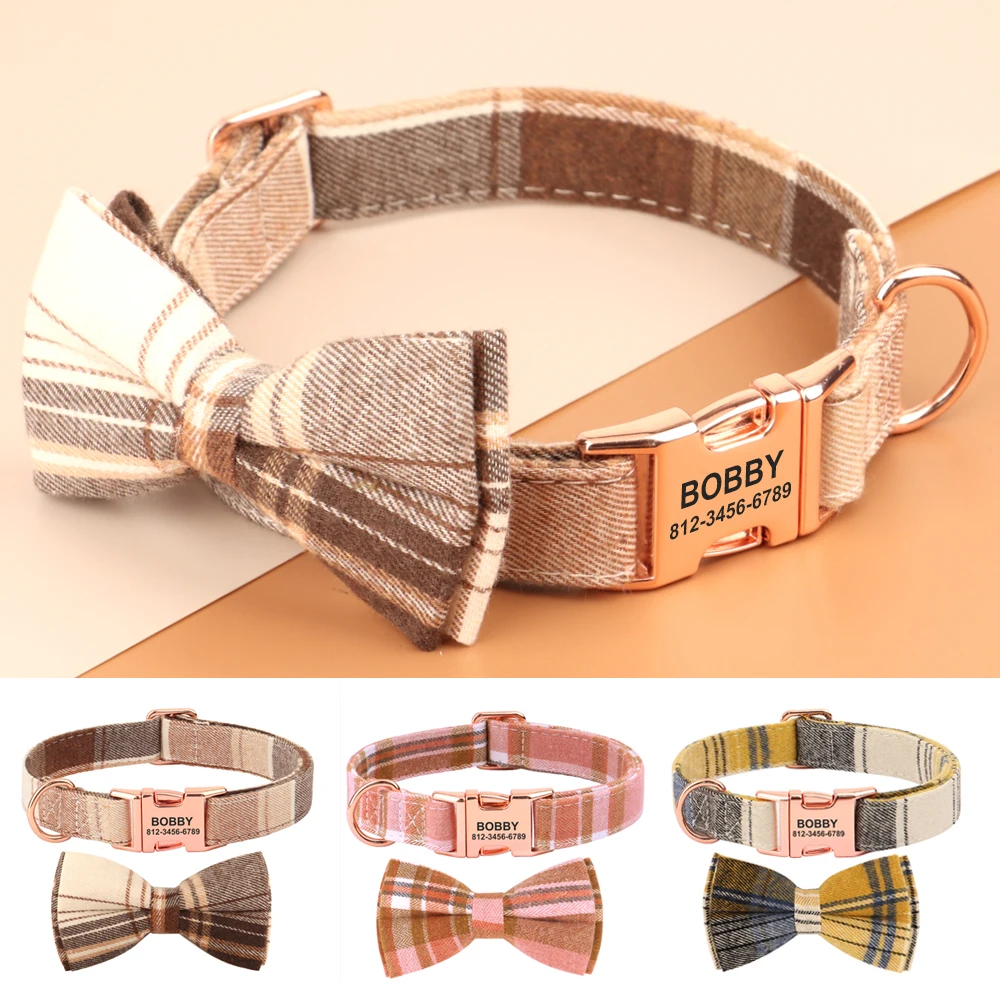 Customized Plaid Pet Collar High Quality Personalized Dog Collars With Bowtie Adjustable Dogs Collars Free Engraving Accessories