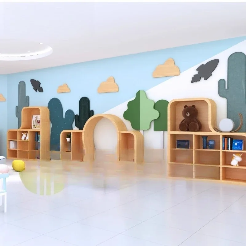 arc-shaped creative low bookcase, special-shaped kindergarten corner storage picture book rack, training center reading area