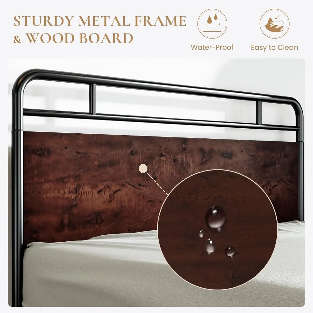 Queen Size Bed Frame with Wooden Headboard and Footboard, Rounded Corner Metal Frame, Heavy Duty Platform Bed