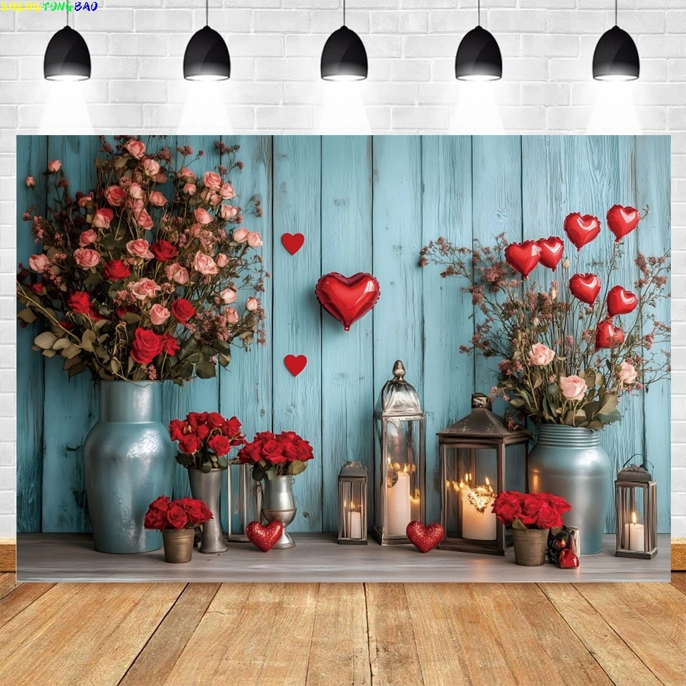 Valentine's Day Photo Background Wooden House Love Heart Balloons Rose Flowers Wedding Party Portrait Photography Backdrop Props