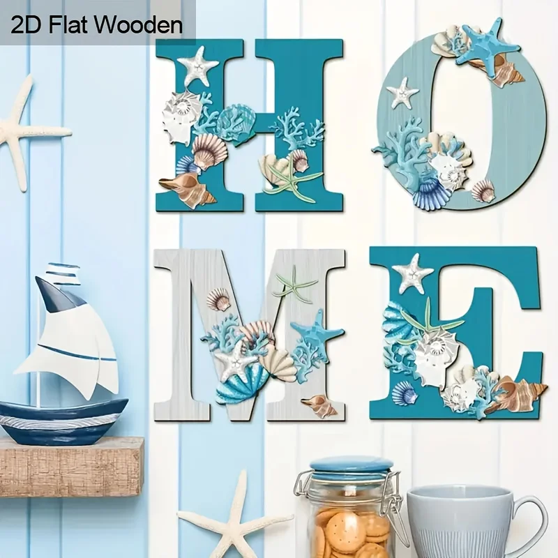 Coastal HOME Wooden Wall Sign, Seashell Starfish Coral Nautical Wood Letter Hanging Plaque Beach Theme Wall Art for Home