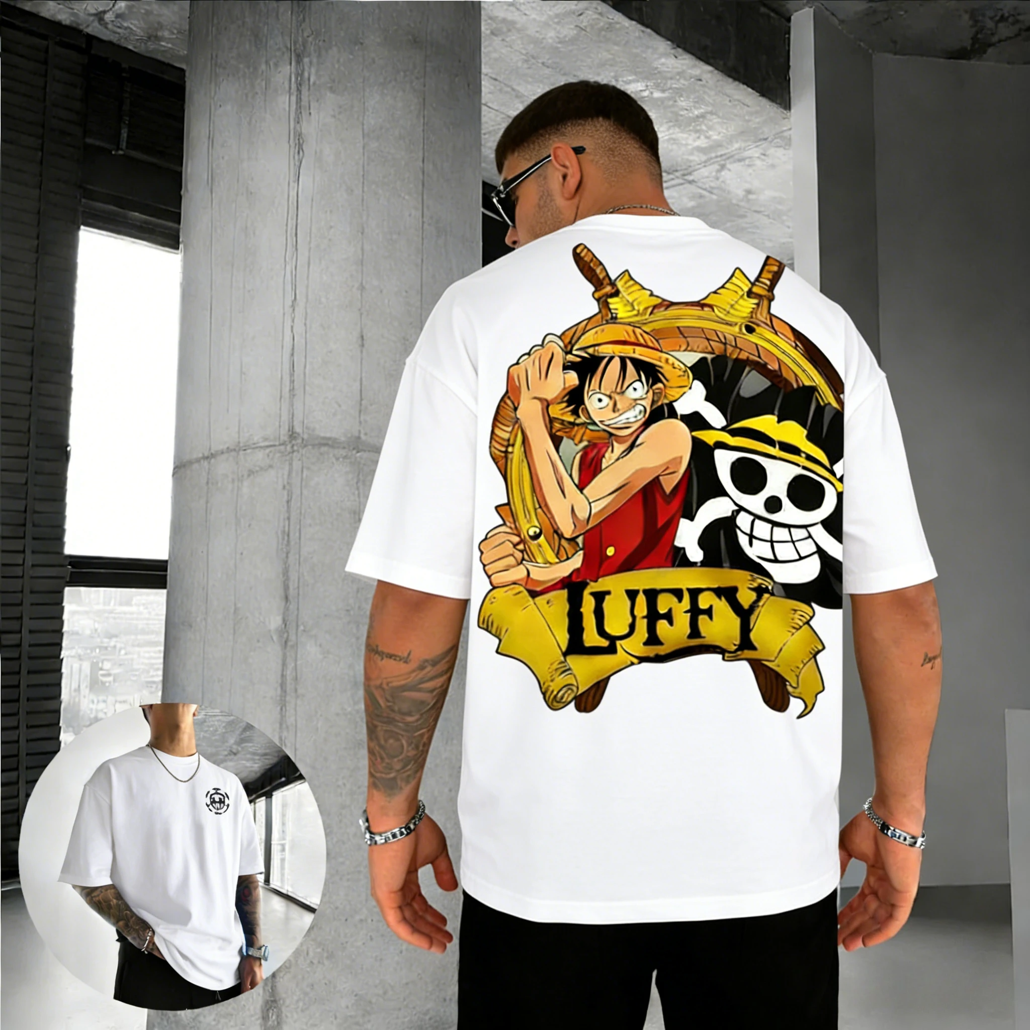 

Мужская и женская футболка One Piece Luffy, новинка лета 2026, хлопковый топ с короткими рукавами и двусторонним принтом в стиле аниме для родителей и детей