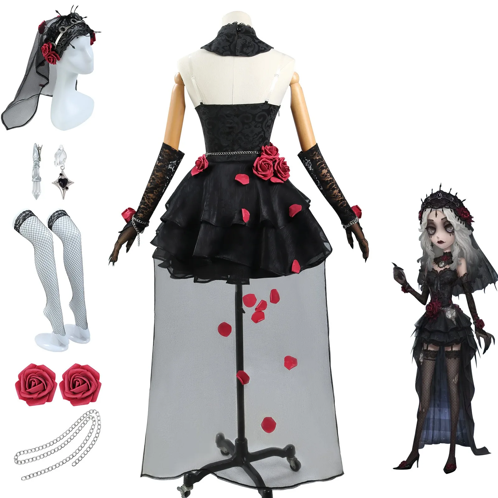 IDV 심리학자 코스프레 블랙 레이스 Ideneity V 심리학자 블랙 드레스 여성 고딕 민소매 의상 코스프레 할로윈