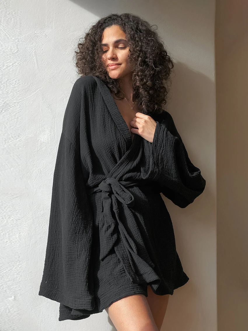 Marthaqiqi Lente Katoenen Zwarte Vrouwelijke Badjas Lange Mouw Gewaad Sexy V-Hals Nachtkleding Casual Mini Jurk Losse Vrouwen Huiskleding