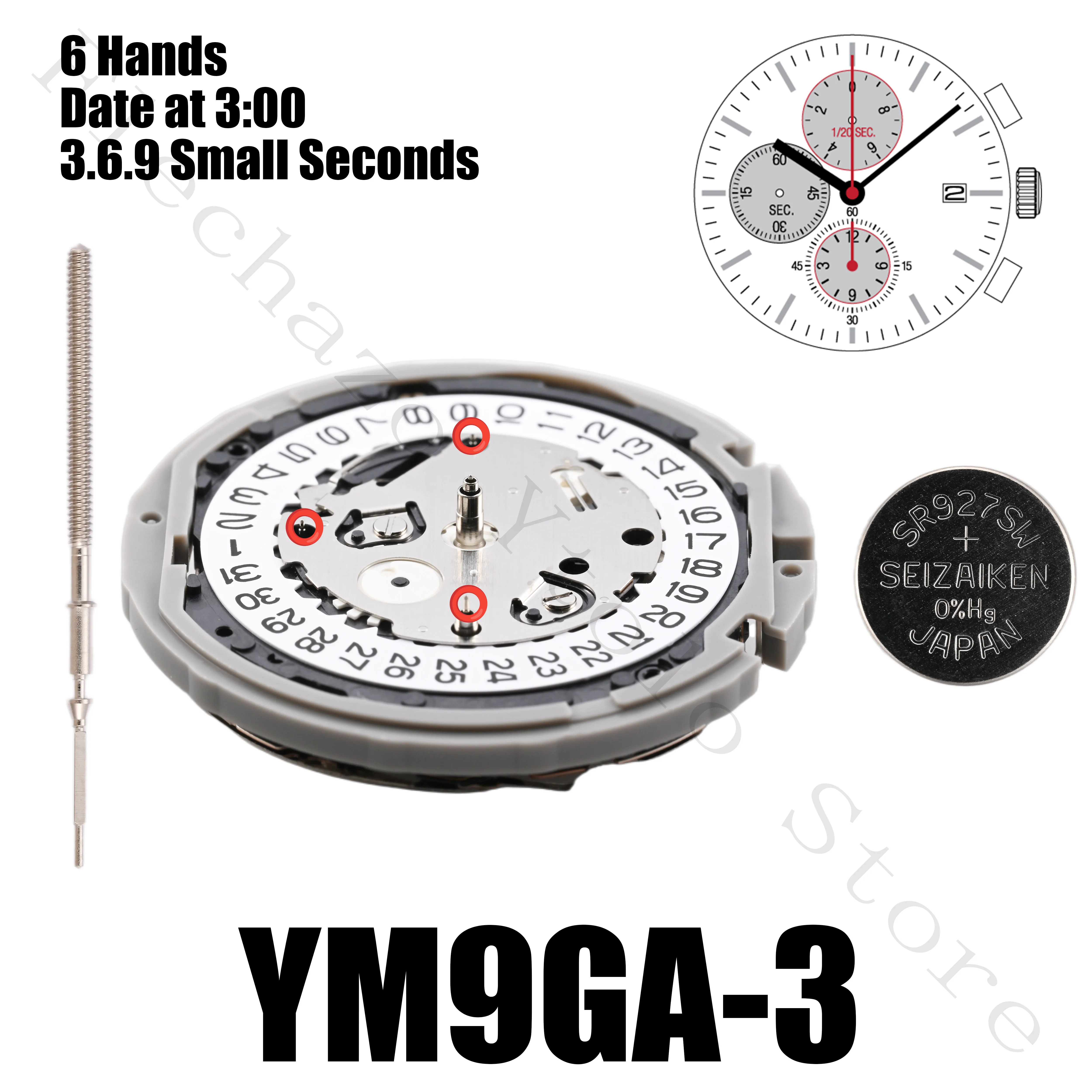 YM9G Movement Epson YM9GA Movement YM Series YM9GA Quartz Movement Size:12'''6 Hands 6.9.12 Small Seconds /date display at 3:00