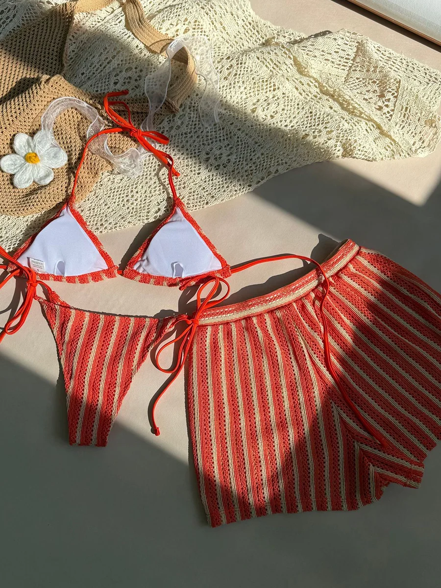 3 шт. с шортами в полоску с лямкой на шее, ажурное бикини, женский купальник, женский купальник, комплект бикини из трех частей, купальный костюм, пляжная одежда для плавания