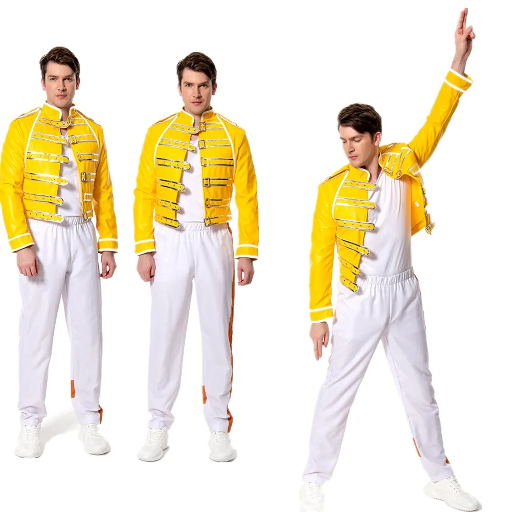 

Halloween Freddie Cosplay Mercury Costume Queen Lead Vocals Adult Men Women Yellow Jacket Coat Carnival Custom Made