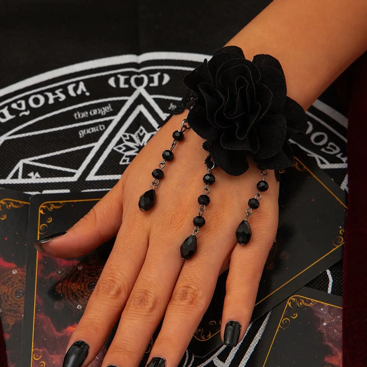 SHIXIN Vintage Black Flower Lace Bracelet for Women Gothic Water Drop Tassel Bangles Halloween Jewelry 2024 New Y2K Accessories