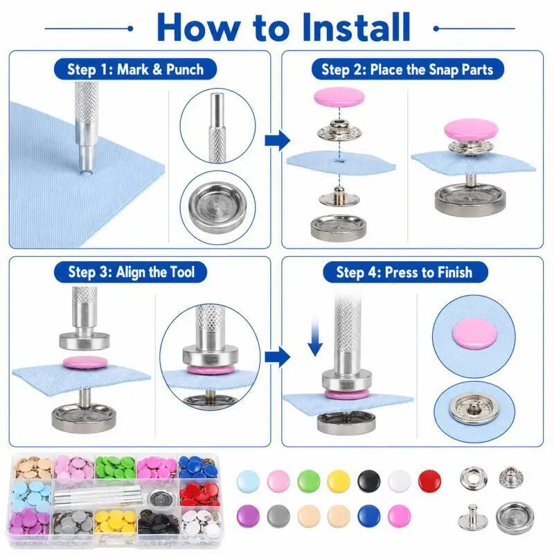125-teiliges Druckknopf-Set 12,5mm Farbig mit Stanzwerkzeug für DIY-Näh- und Bastelzubehör – Detail 4
