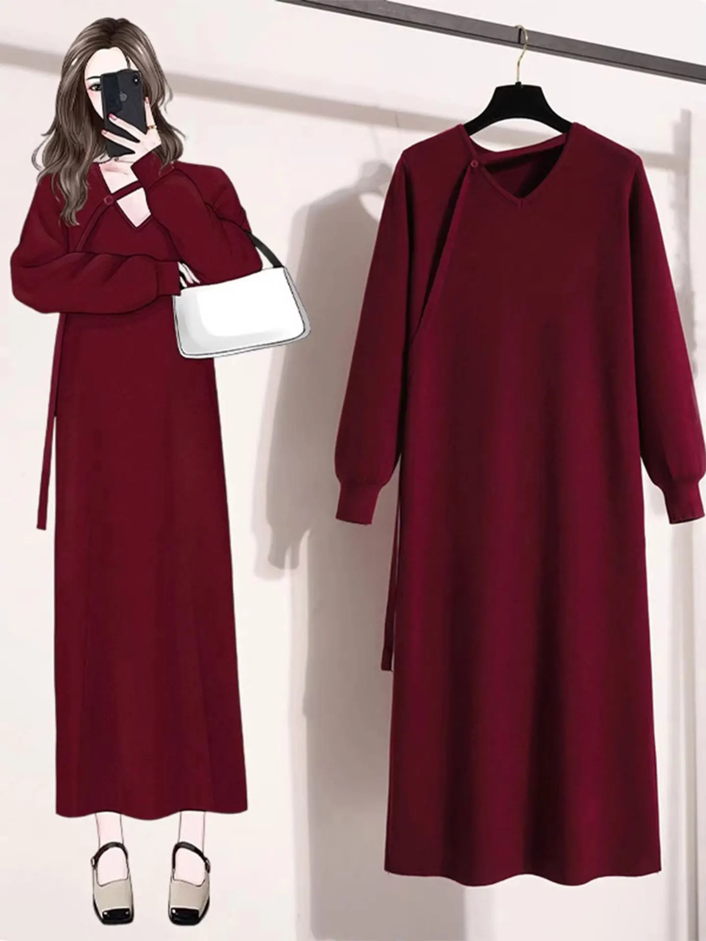 

Wine Red V-Ne Long Sve Knitted Dr High Waist Straight Cut plus Size Winter Dr Casual Sle Autumn Winter Dr